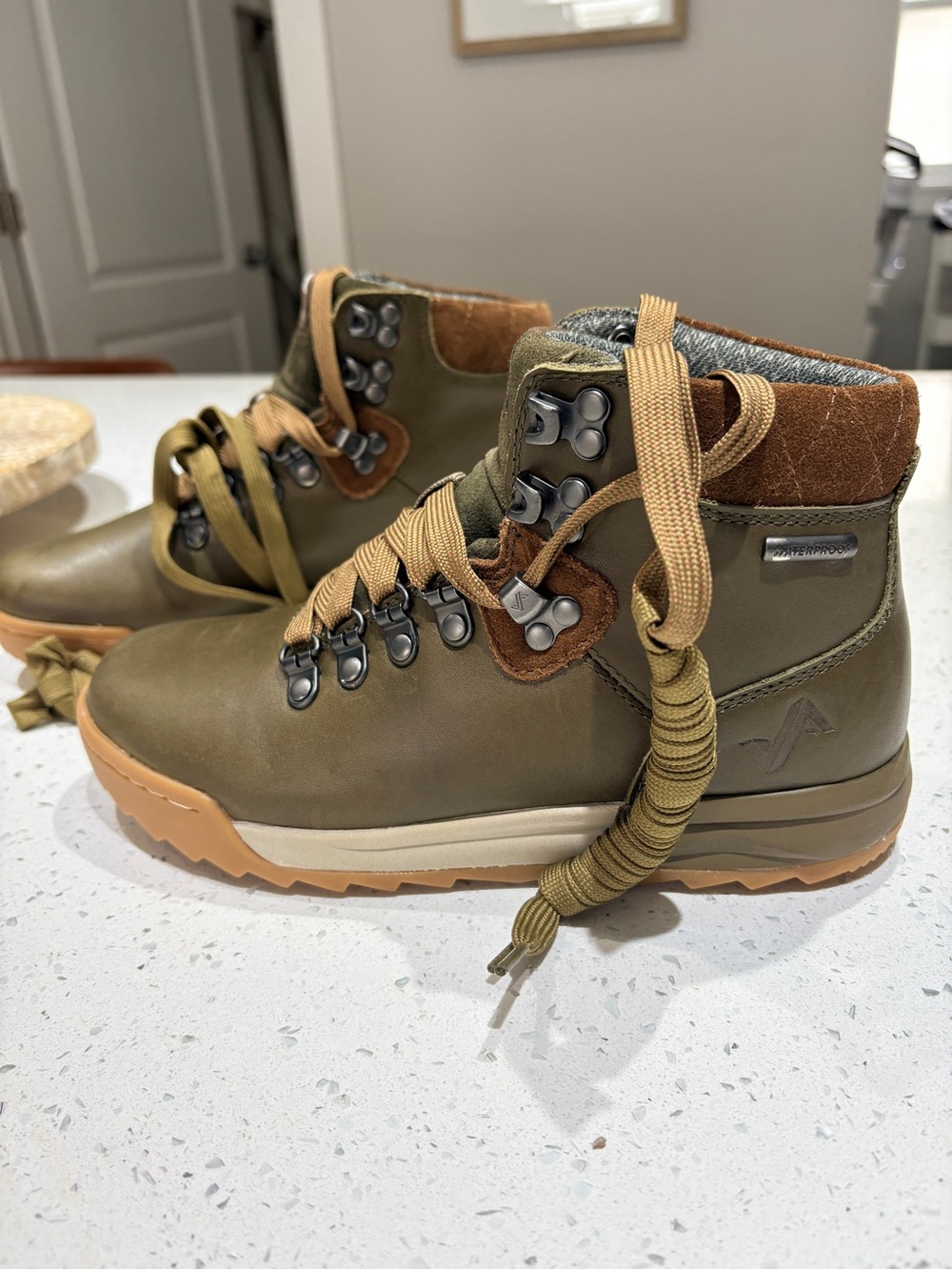 Olive Green waterproof Hiking Boots with Tan Accents (never worn!)